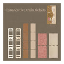 Collection of consecutive train tickets on a brown background with text.