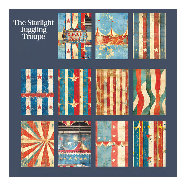 Collage of vintage-style circus-themed designs with 'The Starlight Juggling Troupe' text.