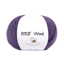 A ball of purple 100% wool yarn wrapped with a white paper label that reads '100% Wool' and features a small sheep illustration, set against a plain white background.