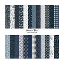 A sheet of patterned paper swatches labeled 'Classical Blue Double sided printing,' showing multiple navy, blue, white, and light gray textile-style patterns arranged in two rows.