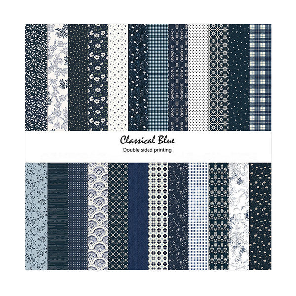A sheet of patterned paper swatches labeled 'Classical Blue Double sided printing,' showing multiple navy, blue, white, and light gray textile-style patterns arranged in two rows.