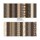 A double-sided pattern swatch sheet showing multiple vertical fabric or paper designs in shades of seal brown, beige, and black. The top half shows dark brown, black, and beige patterns including plaid, dots, diamonds, argyle, and florals.