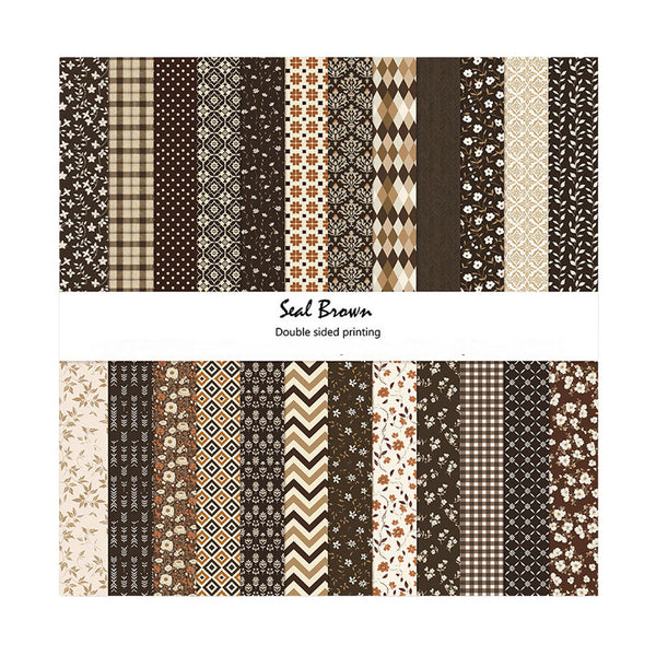 A double-sided pattern swatch sheet showing multiple vertical fabric or paper designs in shades of seal brown, beige, and black. The top half shows dark brown, black, and beige patterns including plaid, dots, diamonds, argyle, and florals.