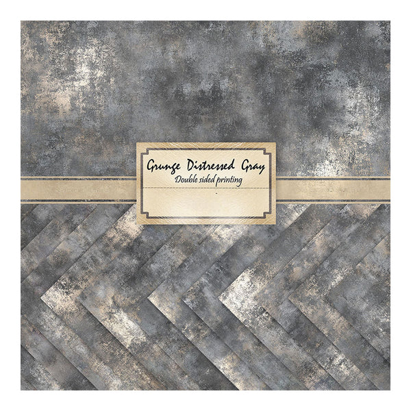 A square sample card showing a distressed gray and beige textured pattern labeled 'Grunge Distressed Gray' with 'Double sided printing' on a small central label.