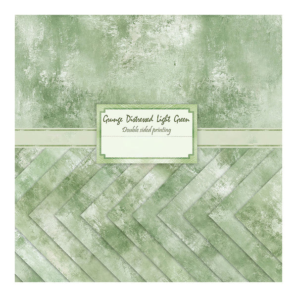 A square product card showing a distressed light green pattern with two printed designs: a mottled green background on top and a green chevron pattern on the bottom. A central label reads 'George Distressed Light Green' and 'Double sided printing'.