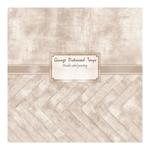 A square sample card showing a beige and taupe distressed paper texture with a herringbone pattern on the lower half and a central label reading 'Grunge Distressed Taupe' and 'Double sided printing'.