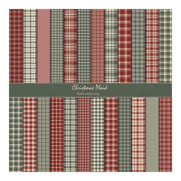 A square paper or fabric sample sheet showing multiple vertical Christmas plaid patterns in red, green, beige, and gray tones, with a dark gray band across the middle reading 'Christmas Plaid' and 'Double sided printing'.