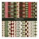 A sheet of double-sided patterned cardstock paper featuring a 'Highland Christmas' theme with various festive designs including plaid, tartans, snowflakes, gingerbread men, candy canes, and argyle patterns in red, green, beige, and brown.