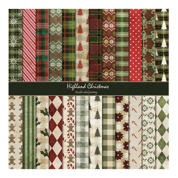 A sheet of double-sided patterned cardstock paper featuring a 'Highland Christmas' theme with various festive designs including plaid, tartans, snowflakes, gingerbread men, candy canes, and argyle patterns in red, green, beige, and brown.