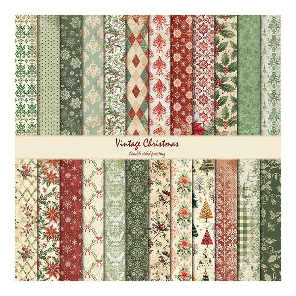 A set of double-sided paper patterns featuring vintage Christmas designs, including floral, geometric, and holiday motifs in muted red, green, beige, and cream tones. A central cream band reads 'Vintage Christmas Double-sided patterns'.