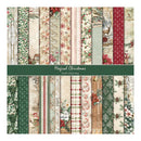 A double-sided paper craft bundle titled 'Magical Christmas' showing 24 vertical patterned sheets with festive designs including snowflakes, poinsettias, pinecones, Santa Claus, reindeer, and holiday stripes in muted red, green, beige, and cream tones.