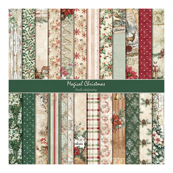 A double-sided paper craft bundle titled 'Magical Christmas' showing 24 vertical patterned sheets with festive designs including snowflakes, poinsettias, pinecones, Santa Claus, reindeer, and holiday stripes in muted red, green, beige, and cream tones.