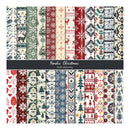 A set of double-sided patterned paper designs titled 'Nordic Christmas' with multiple vertical strips showing festive motifs such as snowflakes, trees, reindeer, birds, and geometric patterns in red, green, blue, beige, and cream.