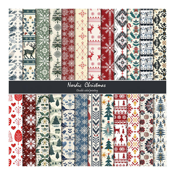 A set of double-sided patterned paper designs titled 'Nordic Christmas' with multiple vertical strips showing festive motifs such as snowflakes, trees, reindeer, birds, and geometric patterns in red, green, blue, beige, and cream.