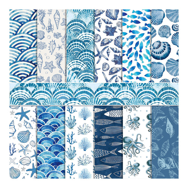A 3x4 grid of twelve blue and white nautical-themed pattern swatches, featuring scallop waves, seashells, starfish, fish, and coral designs.