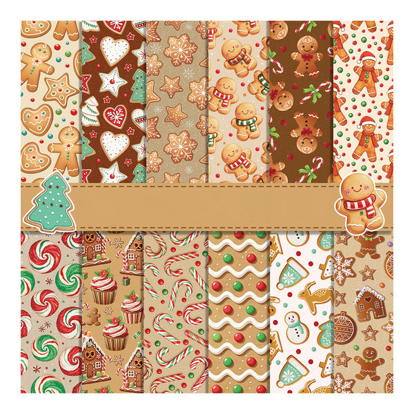 A 12-panel collection of Christmas gingerbread-themed patterned papers, featuring various designs like gingerbread men, cookies, cupcakes, candy canes, snowman, and holiday decorations in warm beige, brown, red, green, and white tones.