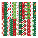 A grid of 12 Christmas-themed patterned paper swatches in red, green, and white, featuring festive designs like snowflakes, candy canes, stockings, reindeer, ornaments, and stripes.