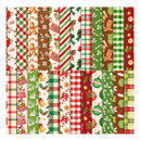 A 12-pattern holiday fabric bundle featuring festive Christmas designs including gingerbread men, candy canes, ornaments, gifts, plaid, stripes, and green trees on cream, red, and green backgrounds.