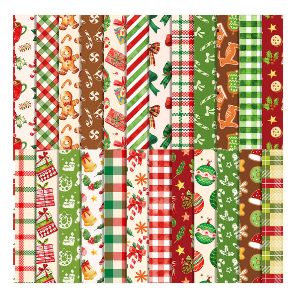 A 12-pattern holiday fabric bundle featuring festive Christmas designs including gingerbread men, candy canes, ornaments, gifts, plaid, stripes, and green trees on cream, red, and green backgrounds.