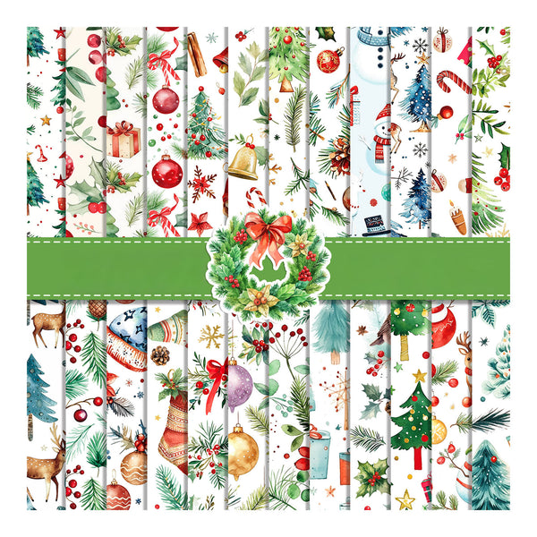 A set of 12 Christmas-themed patterned paper sheets arranged in a grid, featuring watercolor illustrations of festive motifs such as Christmas trees, ornaments, candy canes, snowmen, wreaths, and reindeer on a white background, with a green ribbon graphic across the center.
