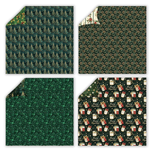 Four green fabric swatches with Christmas patterns on a white background