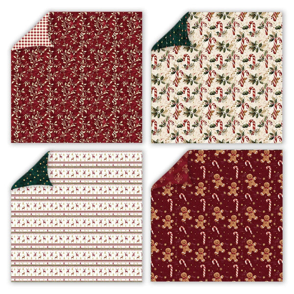 Four Christmas-themed fabric swatches with different patterns on a white background.