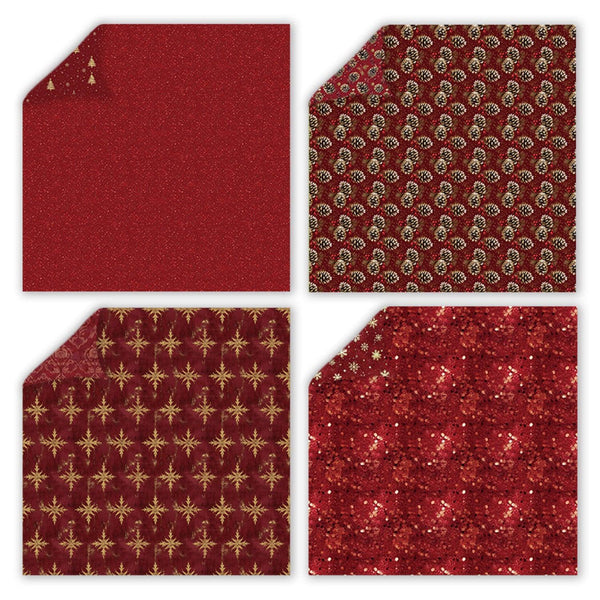 Four red fabric swatches with different patterns on a white background
