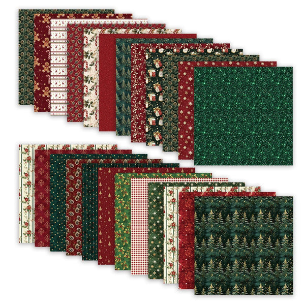 Collection of Christmas-themed fabric swatches in red, green, and white patterns.