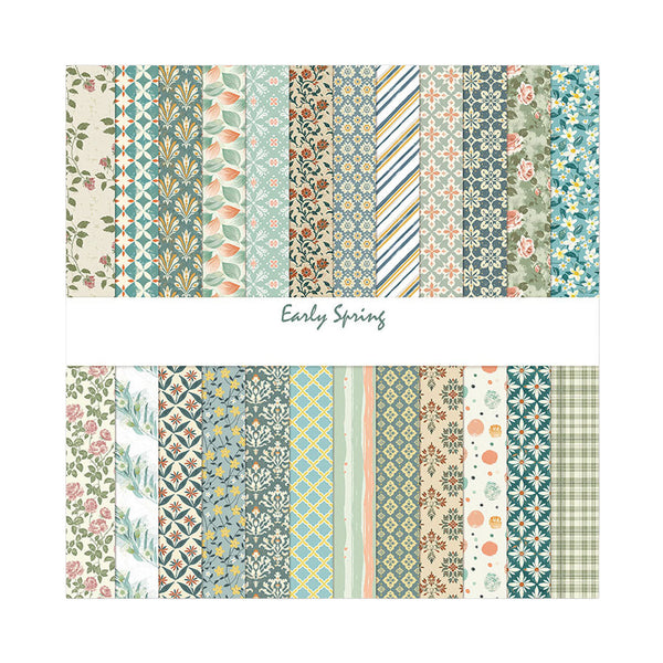 Collection of patterned papers with 'Early Spring' text on a white background