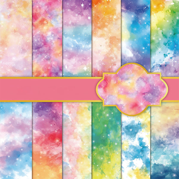 Colorful watercolor pattern with a pink ribbon and decorative element.