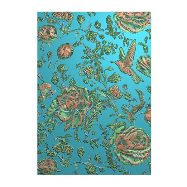 Floral and bird pattern on a blue background