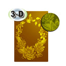A rectangular brown panel with a raised yellow-gold floral border, shown on a white background with a '3-D' badge and a circular close-up inset highlighting the textured embossed surface.