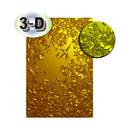 A rectangular gold-colored card or plate with a raised 3D floral and bird pattern, shown on a white background with a circular inset highlighting the textured metallic finish and a '3-D' badge.