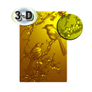 A rectangular decorative panel or print featuring two gold birds perched on flowering branches against a yellow-gold gradient background. A circular inset at upper right shows a close-up of the floral branch pattern, and a badge at upper left reads '3-D'.
