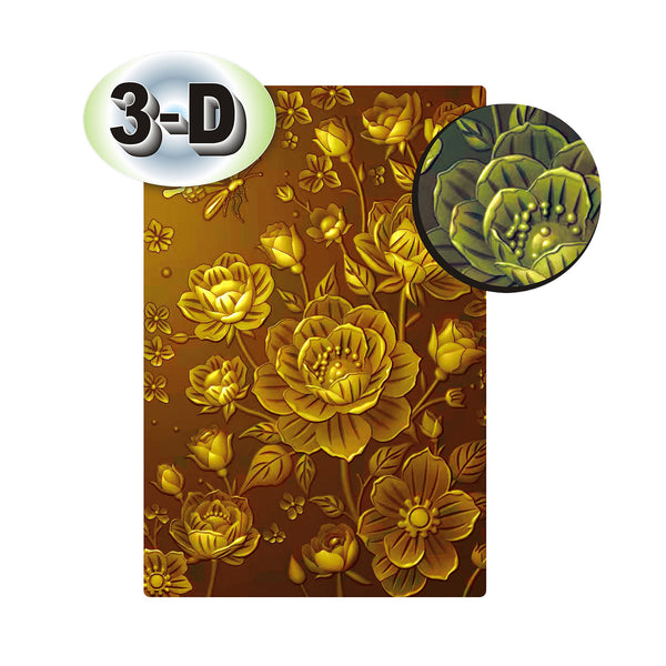 A rectangular decorative panel or card featuring a raised floral pattern in metallic gold and yellow tones on a dark brown background, with a circular inset showing a close-up of the embossed flower detail and a '3-D' badge in the upper left.
