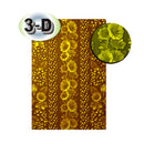 A rectangular fabric or material sample with a brown base and raised yellow floral and dotted vertical pattern, shown on a white background with a circular inset close-up and a '3-D' badge.