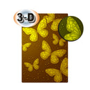 A rectangular sample of decorative material or wallpaper featuring a brown background with raised yellow butterfly motifs and small yellow dots. A circular inset shows a close-up of the textured yellow pattern, and a badge at the top left reads “3-D.