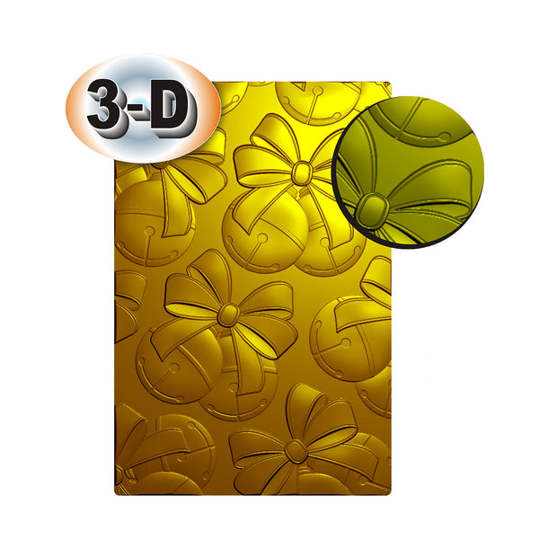 A rectangular gold-colored textured surface with a raised floral or bow-like embossed pattern, shown on a white background with a circular inset highlighting the material texture and a '3-D' badge.