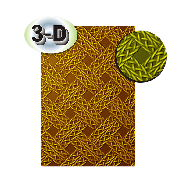 A rectangular product with a raised 3D geometric pattern in metallic gold and brown, featuring a circular inset showing a close-up of the woven texture, with a '3-D' badge in the top left corner.