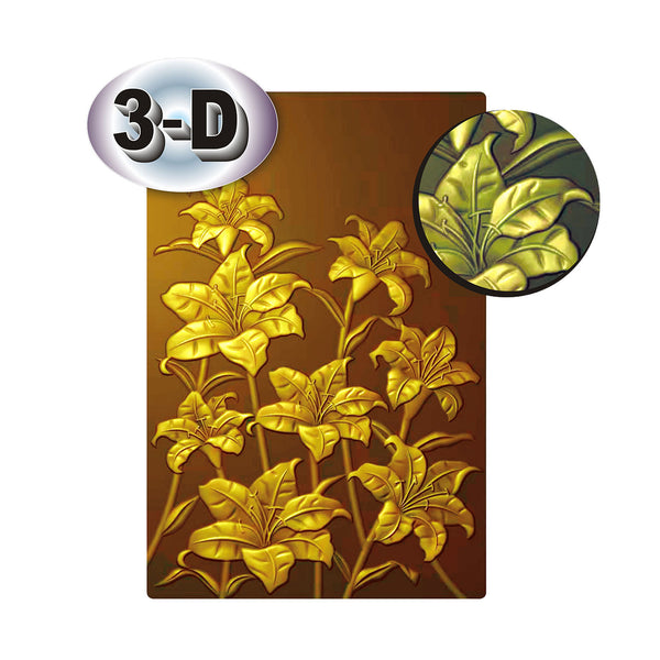 A rectangular decorative panel featuring a metallic gold 3D floral design on a dark brown background, with a circular inset showing a close-up of the leaf texture and a silver badge reading '3-D'.