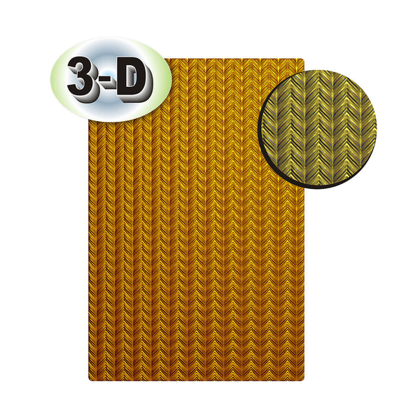 A rectangular sample of textured golden-yellow fabric or material with a raised chevron pattern, shown on a white background with a circular inset zoom and a '3-D' badge.