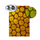 A rectangular panel with a repeating 3-D effect showing concentric yellow and orange rings on a brown textured background, with a circular inset zoom and a silver badge reading '3-D' on a white background.