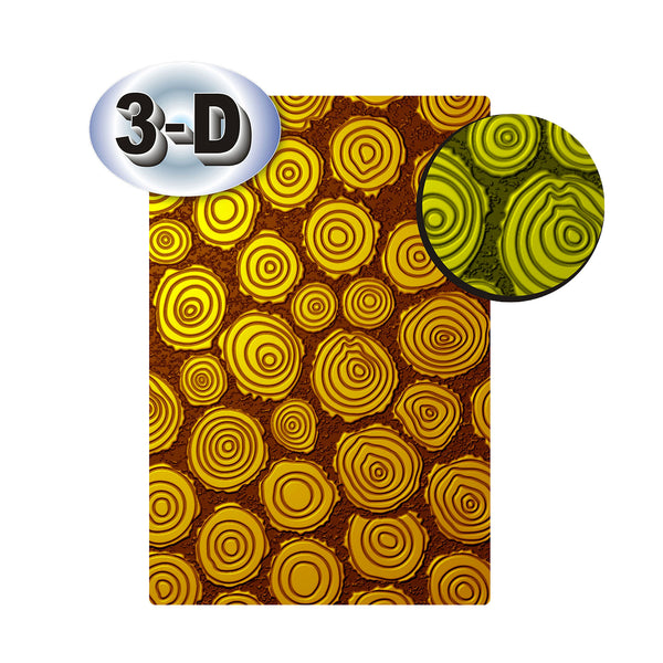 A rectangular panel with a repeating 3-D effect showing concentric yellow and orange rings on a brown textured background, with a circular inset zoom and a silver badge reading '3-D' on a white background.
