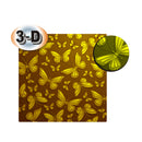 A square fabric or material sample with a repeating butterfly pattern in yellow and gold tones on a brown background, shown on a white backdrop with a circular inset highlighting the texture and a '3-D' badge.
