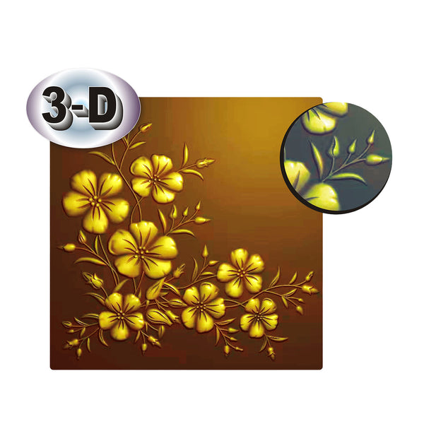 A decorative square panel featuring a 3D metallic gold floral design on a brown gradient background, with a circular inset showing a close-up of the raised flower texture and a '3-D' badge.