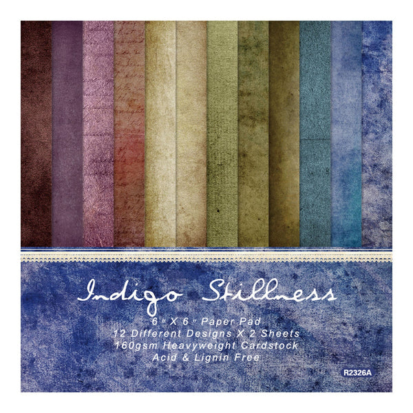 Collection of textured paper sheets in various colors with 'Indigo Stillness' branding.