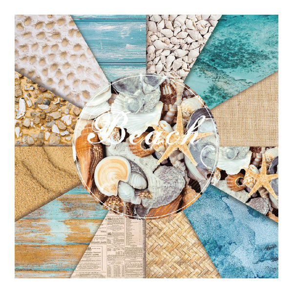 Collage of beach-themed elements including shells, sand, and starfish on a textured background.