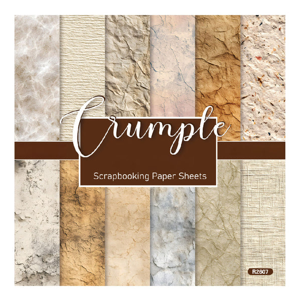 Collection of crumple scrapbooking paper sheets with a brown banner displaying 'Crumple Scrapbooking Paper Sheets'.