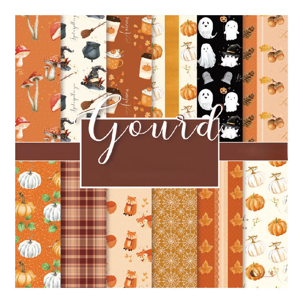 A 12-pattern scrapbook paper sheet with autumn and Halloween designs, featuring orange, brown, black, and cream patterns of pumpkins, ghosts, foxes, mushrooms, and plaid, with a central brown label area containing the white script text 'Gourd'.