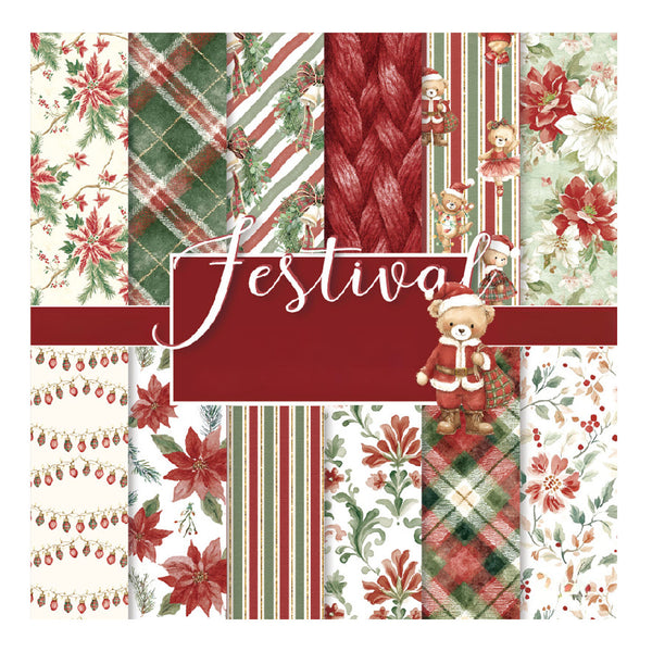 A square collage of Christmas-themed patterned papers and fabric-like designs, with a large central script reading “Festival” over a dark red band and a small teddy bear in a Santa outfit. The surrounding designs include floral prints, plaid, stripes, braided texture, and holiday motifs in red, green, cream, and brown tones.